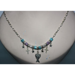 Religious Cross & Angle Wings Necklace Silver Beaded Women's Fashion Jewelry NWT